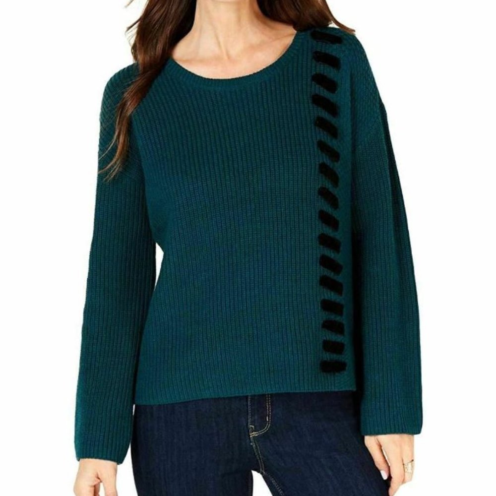 Style & Co Sweater Velvet Laceup Pullover Green Large